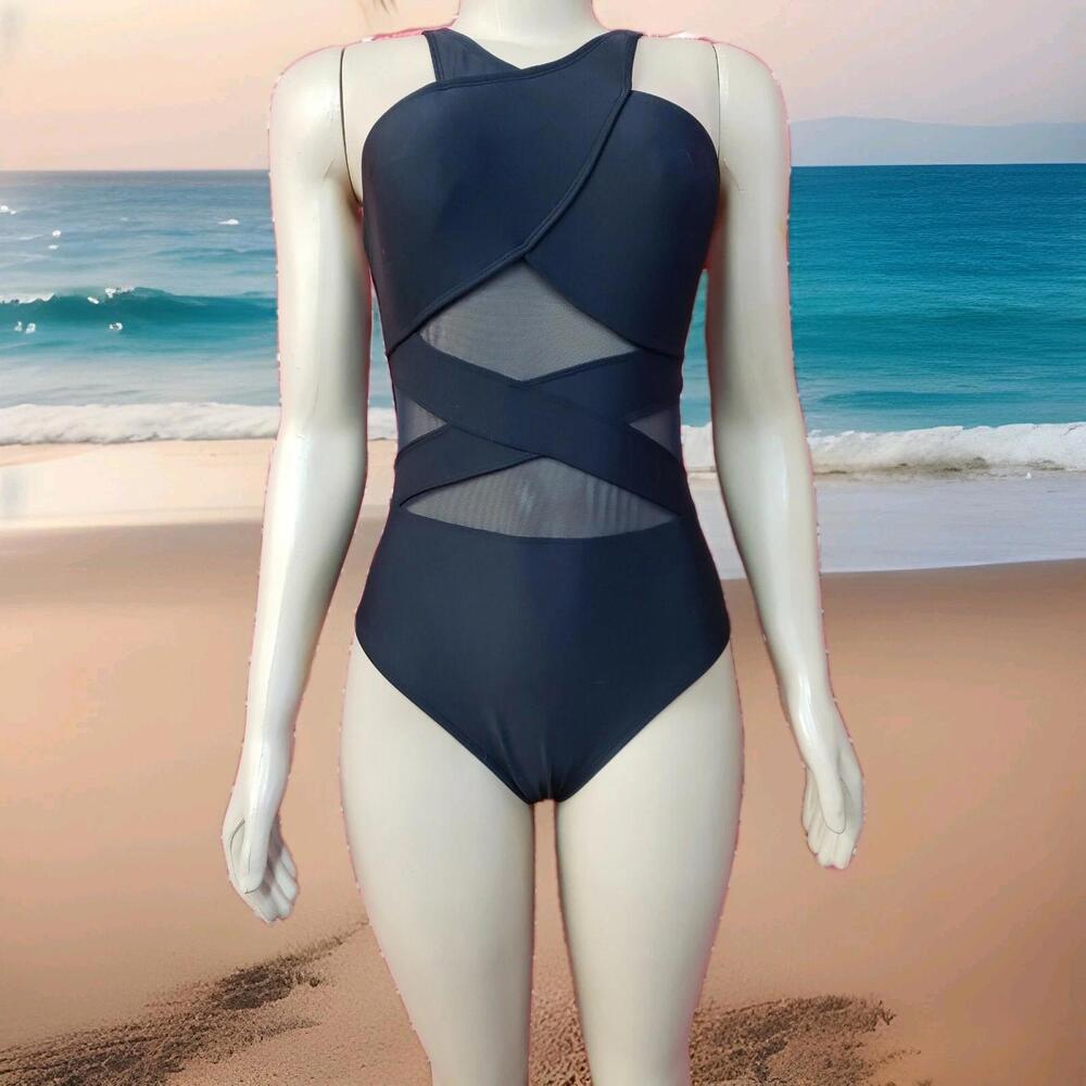 Bleu Rod Beattie Women’s Black Mesh Insets One Piece Size 6 NWT $125  # 03